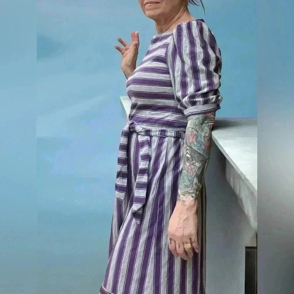 Vintage 80's,Gray & purple Striped,Midi Dress with 3/4 Sleeves-M - Picture 4 of 12